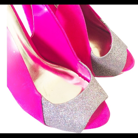 HEART IN D Peep-toe Sling Back Block Heels/Shoes With Glitter Front Pink Size 7 - Picture 6 of 9